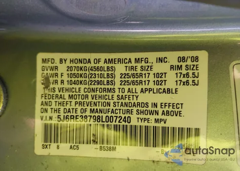 2008 Honda Cr-V Ex-L z USA, uszkodzony, nr VIN 5J6RE38798L007240